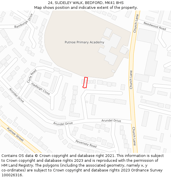 24, SUDELEY WALK, BEDFORD, MK41 8HS: Location map and indicative extent of plot