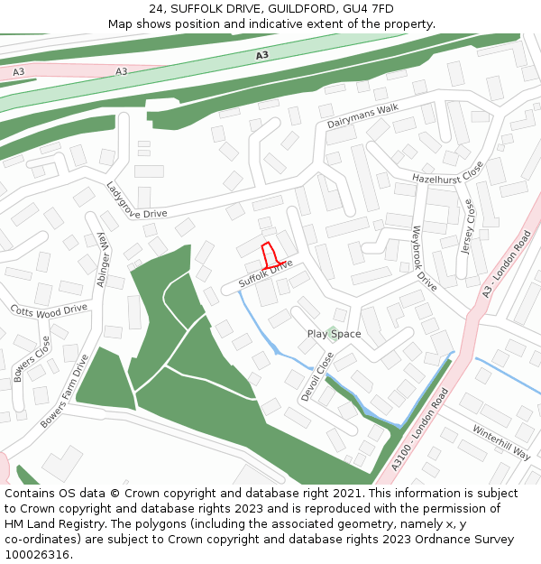 24, SUFFOLK DRIVE, GUILDFORD, GU4 7FD: Location map and indicative extent of plot