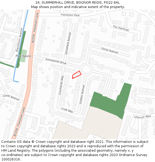 24, SUMMERHILL DRIVE, BOGNOR REGIS, PO22 6AL: Location map and indicative extent of plot