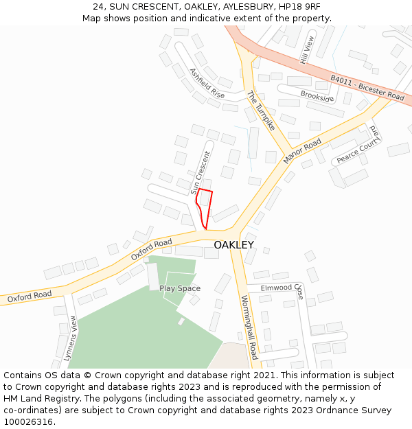 24, SUN CRESCENT, OAKLEY, AYLESBURY, HP18 9RF: Location map and indicative extent of plot