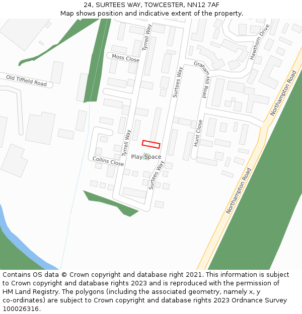 24, SURTEES WAY, TOWCESTER, NN12 7AF: Location map and indicative extent of plot