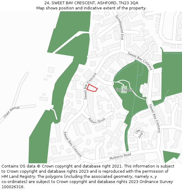 24, SWEET BAY CRESCENT, ASHFORD, TN23 3QA: Location map and indicative extent of plot