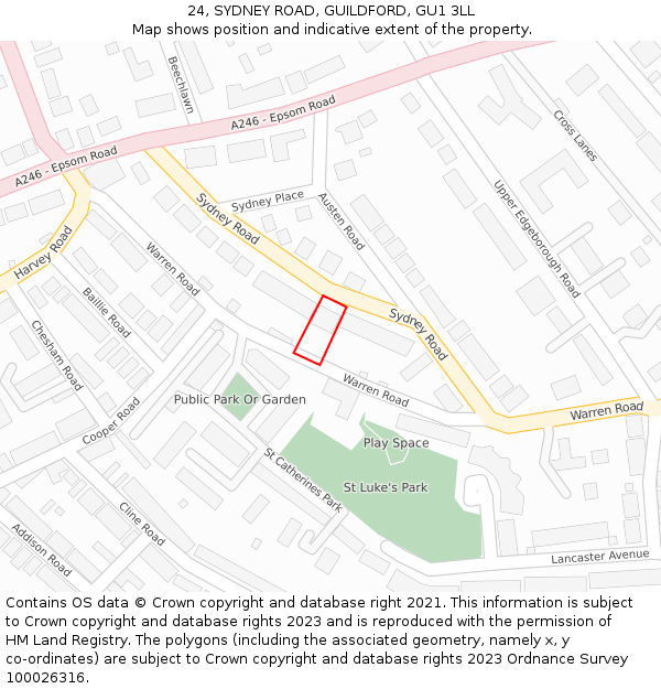 24, SYDNEY ROAD, GUILDFORD, GU1 3LL: Location map and indicative extent of plot