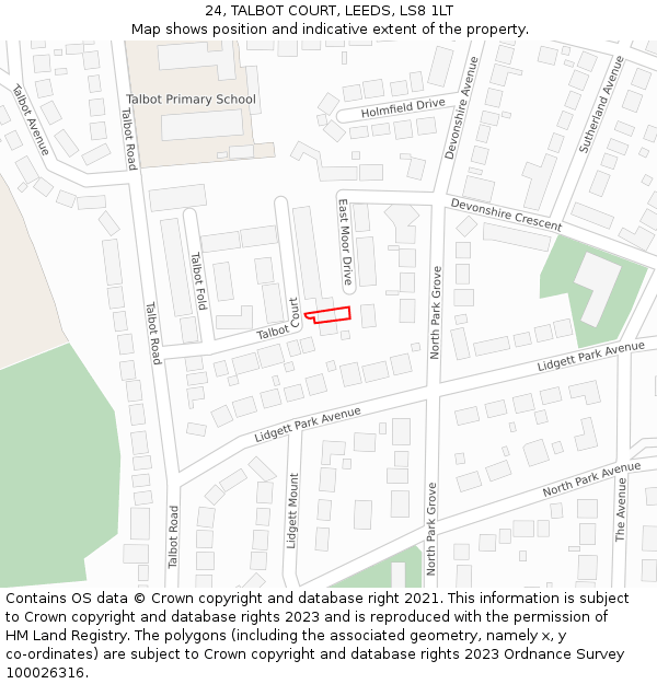 24, TALBOT COURT, LEEDS, LS8 1LT: Location map and indicative extent of plot