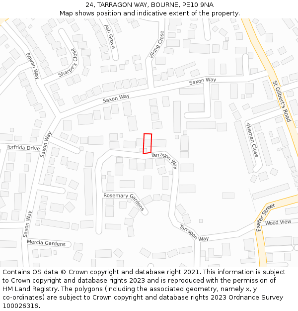 24, TARRAGON WAY, BOURNE, PE10 9NA: Location map and indicative extent of plot