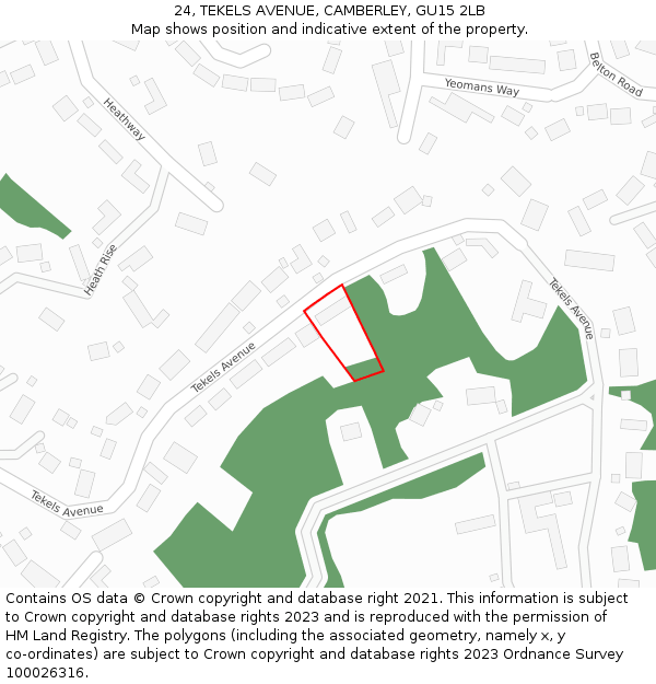 24, TEKELS AVENUE, CAMBERLEY, GU15 2LB: Location map and indicative extent of plot