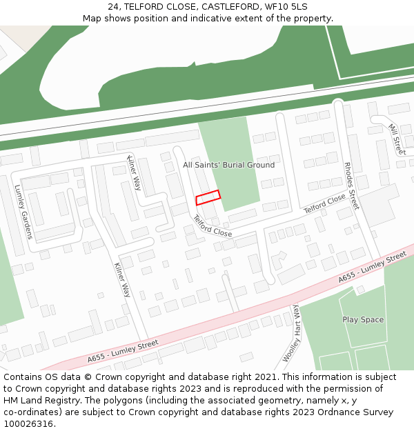 24, TELFORD CLOSE, CASTLEFORD, WF10 5LS: Location map and indicative extent of plot