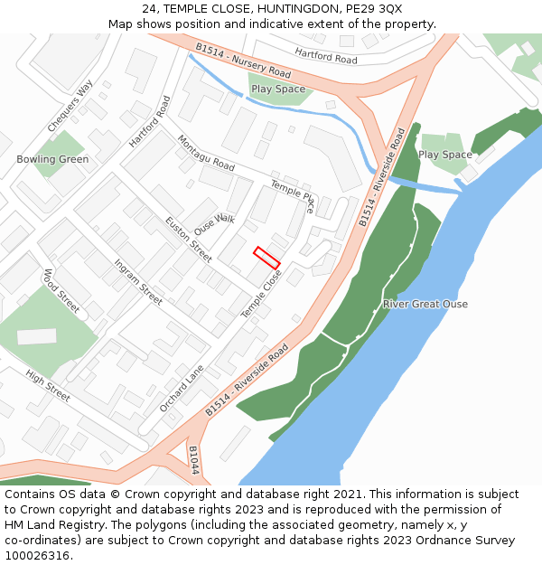 24, TEMPLE CLOSE, HUNTINGDON, PE29 3QX: Location map and indicative extent of plot
