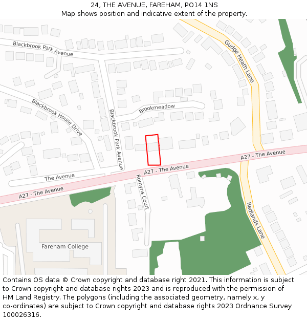 24, THE AVENUE, FAREHAM, PO14 1NS: Location map and indicative extent of plot