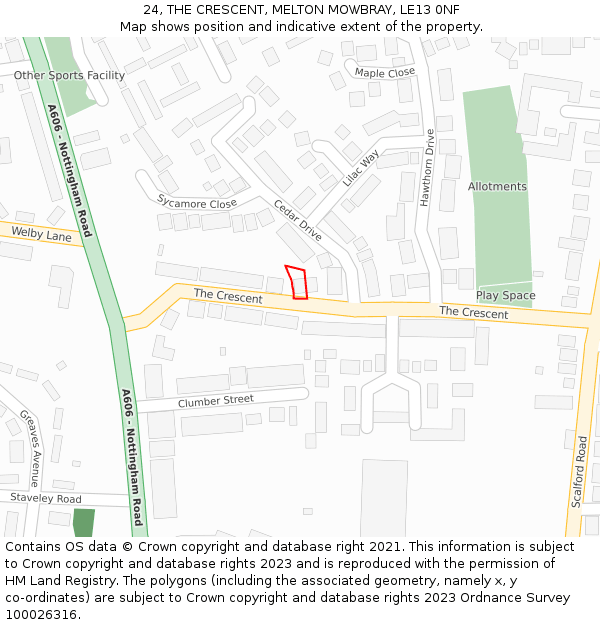 24, THE CRESCENT, MELTON MOWBRAY, LE13 0NF: Location map and indicative extent of plot