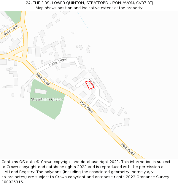 24, THE FIRS, LOWER QUINTON, STRATFORD-UPON-AVON, CV37 8TJ: Location map and indicative extent of plot