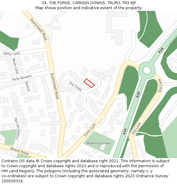 24, THE FORGE, CARNON DOWNS, TRURO, TR3 6JP: Location map and indicative extent of plot