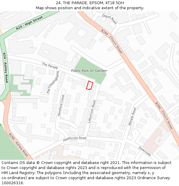 24, THE PARADE, EPSOM, KT18 5DH: Location map and indicative extent of plot