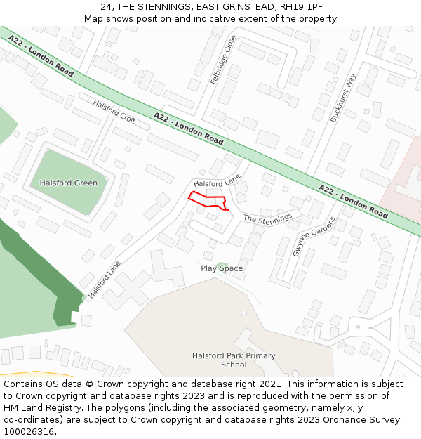 24, THE STENNINGS, EAST GRINSTEAD, RH19 1PF: Location map and indicative extent of plot