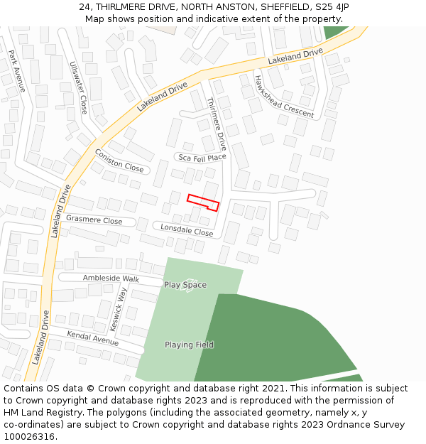 24, THIRLMERE DRIVE, NORTH ANSTON, SHEFFIELD, S25 4JP: Location map and indicative extent of plot