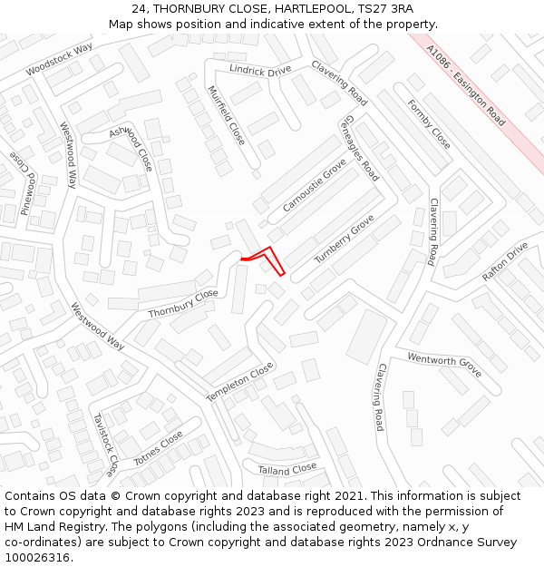 24, THORNBURY CLOSE, HARTLEPOOL, TS27 3RA: Location map and indicative extent of plot