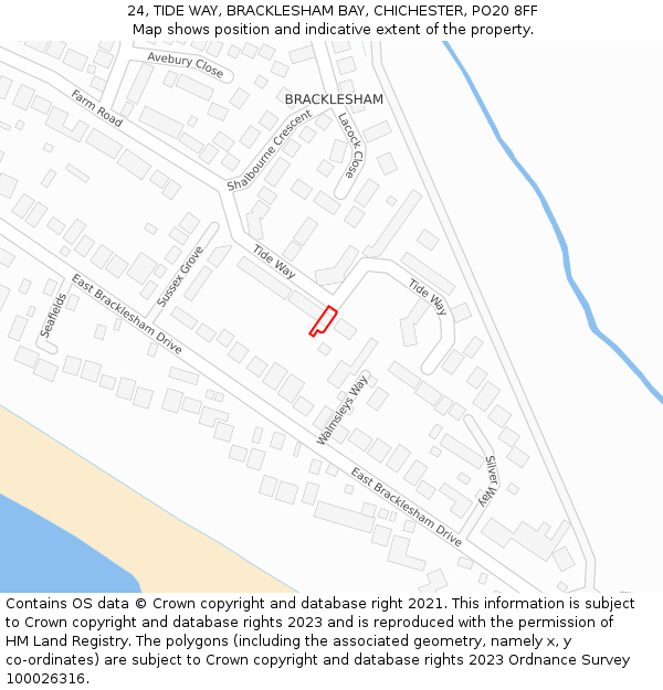 24, TIDE WAY, BRACKLESHAM BAY, CHICHESTER, PO20 8FF: Location map and indicative extent of plot