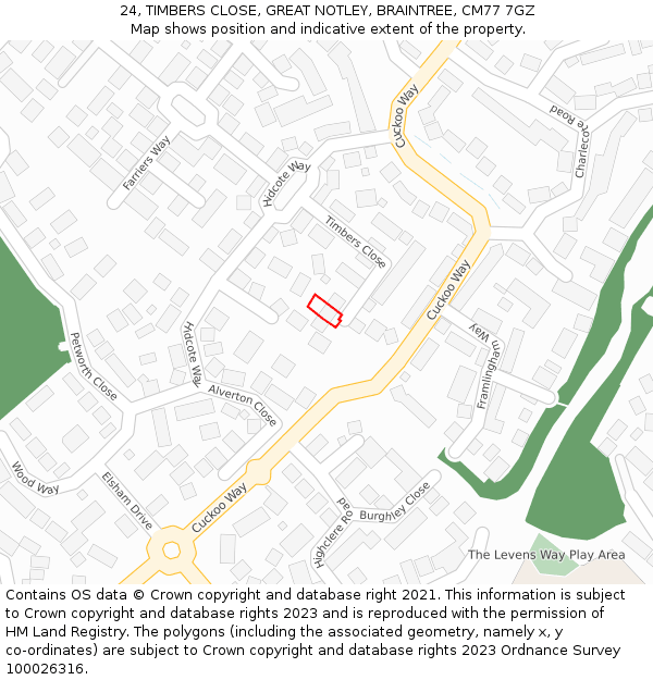 24, TIMBERS CLOSE, GREAT NOTLEY, BRAINTREE, CM77 7GZ: Location map and indicative extent of plot