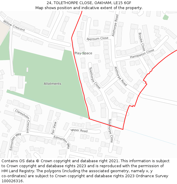 24, TOLETHORPE CLOSE, OAKHAM, LE15 6GF: Location map and indicative extent of plot