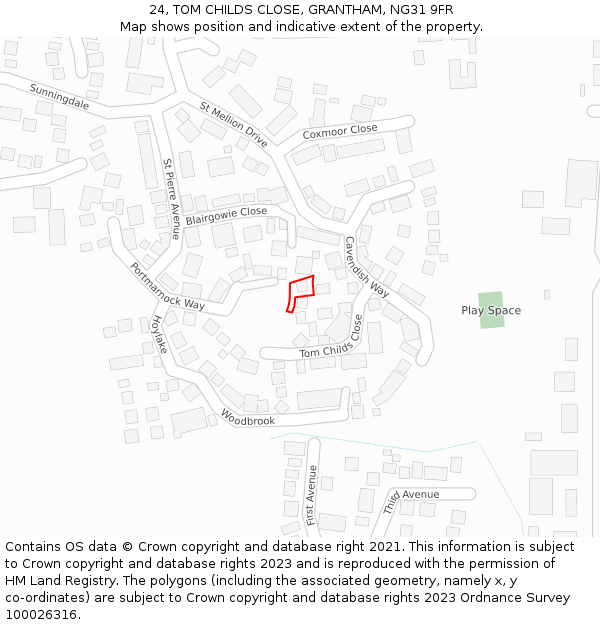 24, TOM CHILDS CLOSE, GRANTHAM, NG31 9FR: Location map and indicative extent of plot