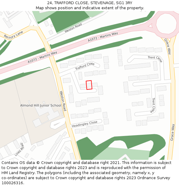 24, TRAFFORD CLOSE, STEVENAGE, SG1 3RY: Location map and indicative extent of plot