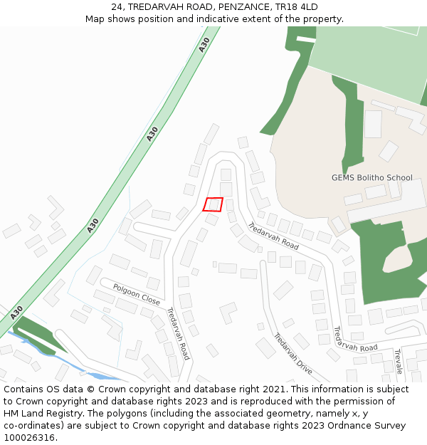 24, TREDARVAH ROAD, PENZANCE, TR18 4LD: Location map and indicative extent of plot