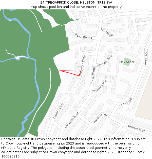 24, TREGARRICK CLOSE, HELSTON, TR13 8YA: Location map and indicative extent of plot