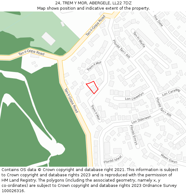 24, TREM Y MOR, ABERGELE, LL22 7DZ: Location map and indicative extent of plot