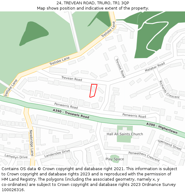 24, TREVEAN ROAD, TRURO, TR1 3QP: Location map and indicative extent of plot