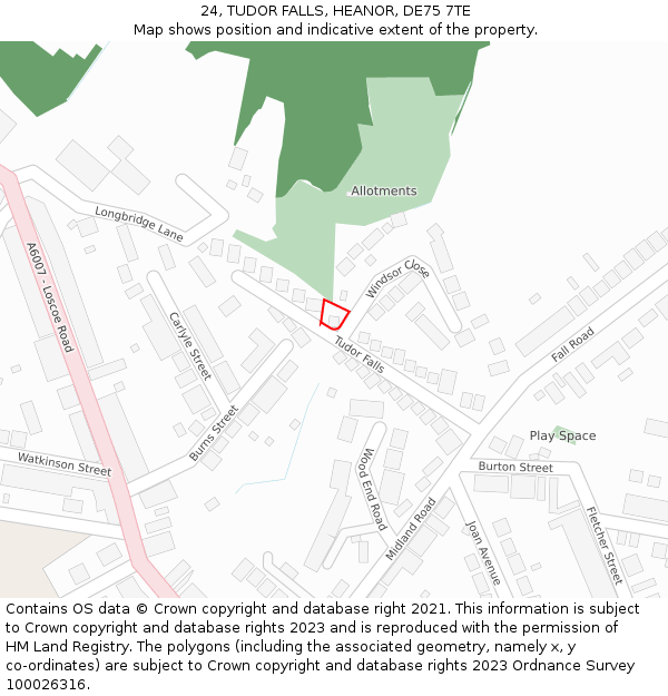 24, TUDOR FALLS, HEANOR, DE75 7TE: Location map and indicative extent of plot