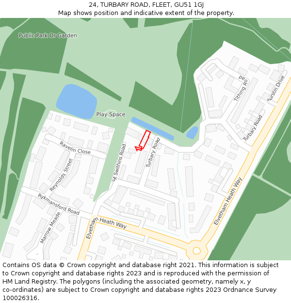 24, TURBARY ROAD, FLEET, GU51 1GJ: Location map and indicative extent of plot