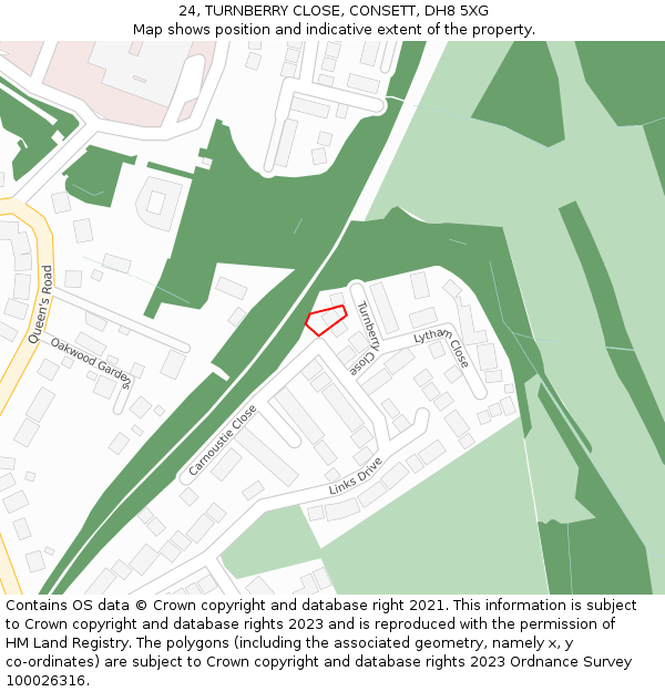 24, TURNBERRY CLOSE, CONSETT, DH8 5XG: Location map and indicative extent of plot