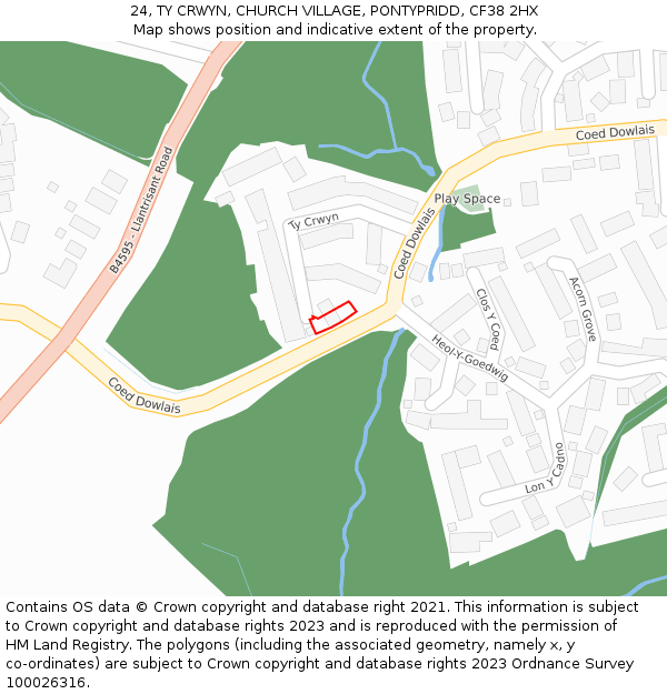 24, TY CRWYN, CHURCH VILLAGE, PONTYPRIDD, CF38 2HX: Location map and indicative extent of plot