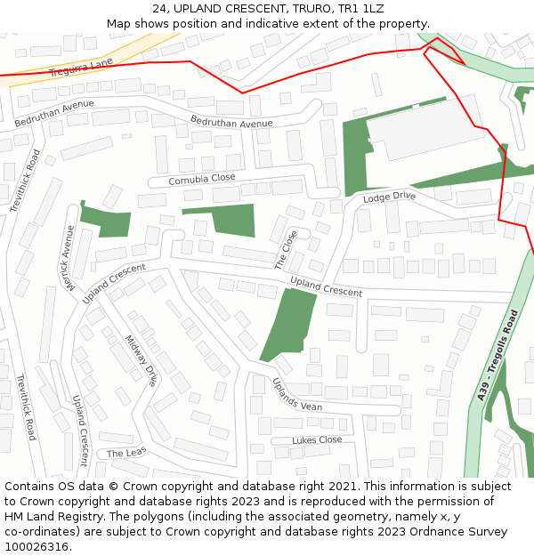 24, UPLAND CRESCENT, TRURO, TR1 1LZ: Location map and indicative extent of plot