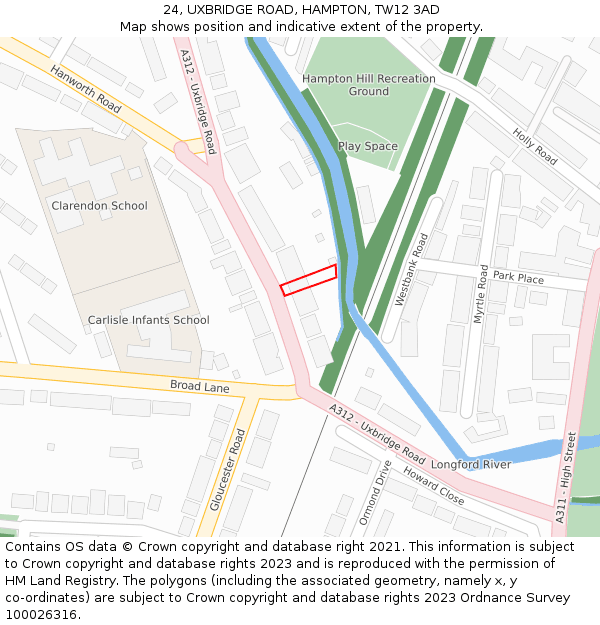 24, UXBRIDGE ROAD, HAMPTON, TW12 3AD: Location map and indicative extent of plot