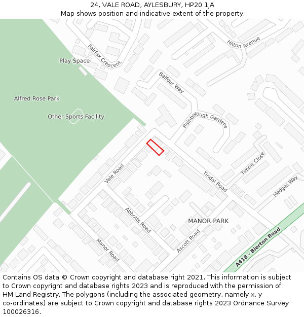 24, VALE ROAD, AYLESBURY, HP20 1JA: Location map and indicative extent of plot