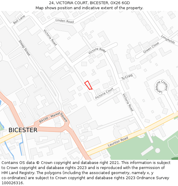 24, VICTORIA COURT, BICESTER, OX26 6GD: Location map and indicative extent of plot