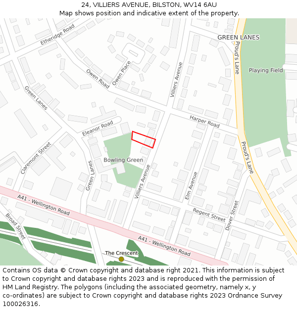 24, VILLIERS AVENUE, BILSTON, WV14 6AU: Location map and indicative extent of plot