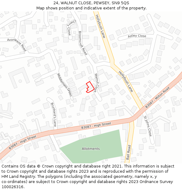 24, WALNUT CLOSE, PEWSEY, SN9 5QS: Location map and indicative extent of plot