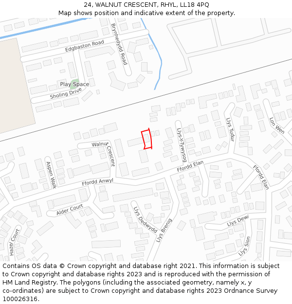 24, WALNUT CRESCENT, RHYL, LL18 4PQ: Location map and indicative extent of plot