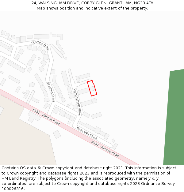 24, WALSINGHAM DRIVE, CORBY GLEN, GRANTHAM, NG33 4TA: Location map and indicative extent of plot