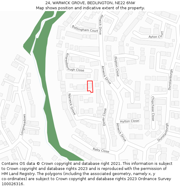 24, WARWICK GROVE, BEDLINGTON, NE22 6NW: Location map and indicative extent of plot