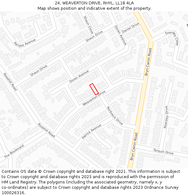 24, WEAVERTON DRIVE, RHYL, LL18 4LA: Location map and indicative extent of plot