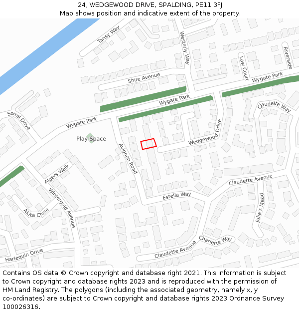 24, WEDGEWOOD DRIVE, SPALDING, PE11 3FJ: Location map and indicative extent of plot