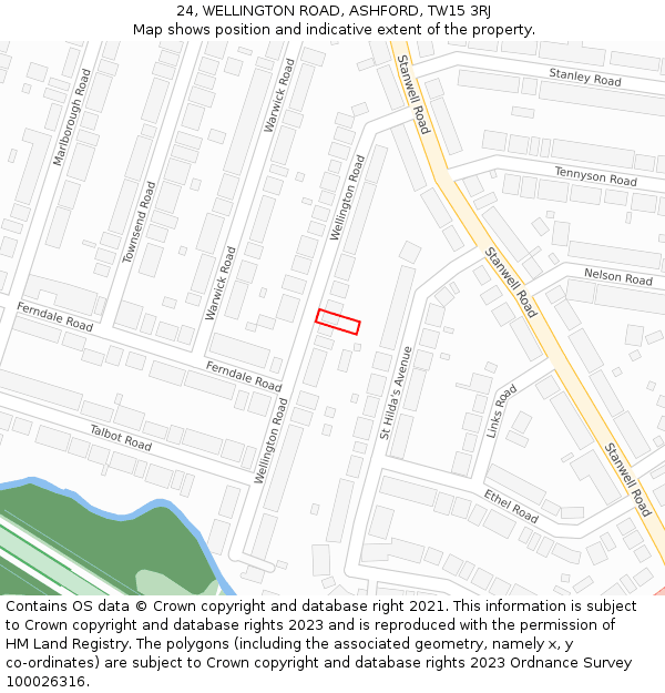 24, WELLINGTON ROAD, ASHFORD, TW15 3RJ: Location map and indicative extent of plot