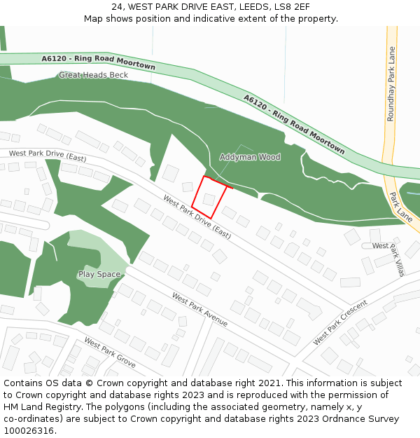 24, WEST PARK DRIVE EAST, LEEDS, LS8 2EF: Location map and indicative extent of plot