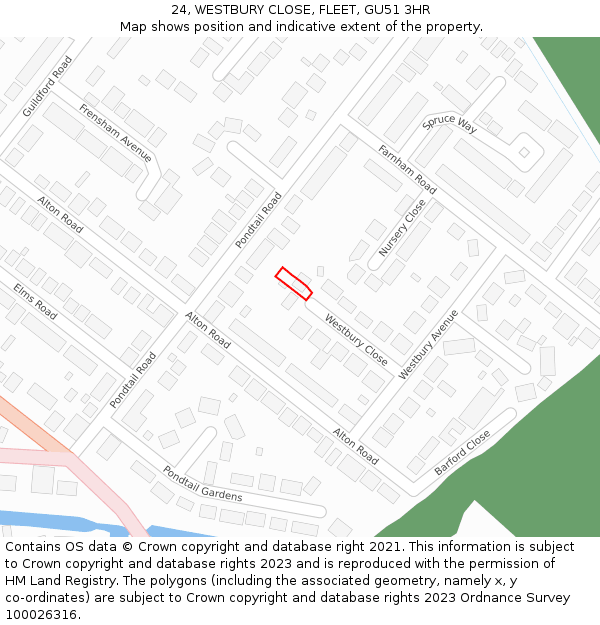 24, WESTBURY CLOSE, FLEET, GU51 3HR: Location map and indicative extent of plot
