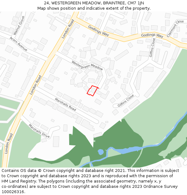 24, WESTERGREEN MEADOW, BRAINTREE, CM7 1JN: Location map and indicative extent of plot