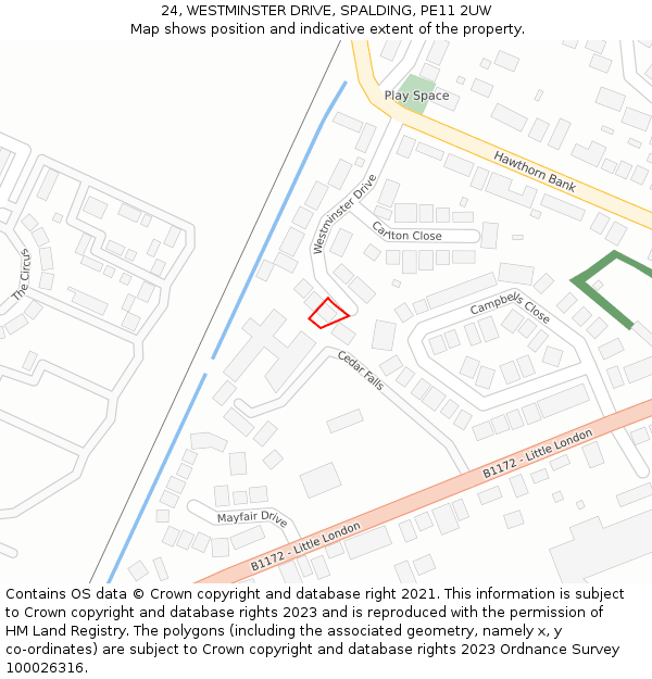 24, WESTMINSTER DRIVE, SPALDING, PE11 2UW: Location map and indicative extent of plot