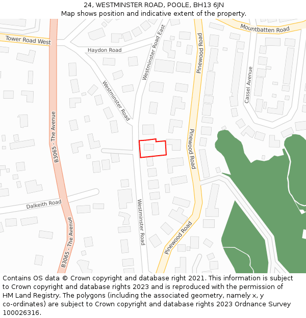 24, WESTMINSTER ROAD, POOLE, BH13 6JN: Location map and indicative extent of plot